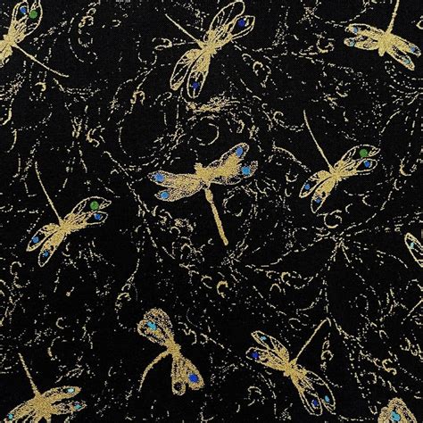 timeless treasures fly by night dragonflies mini metallic black fabric|Dragonflies fabric Fly by Night Mini Black Gold .